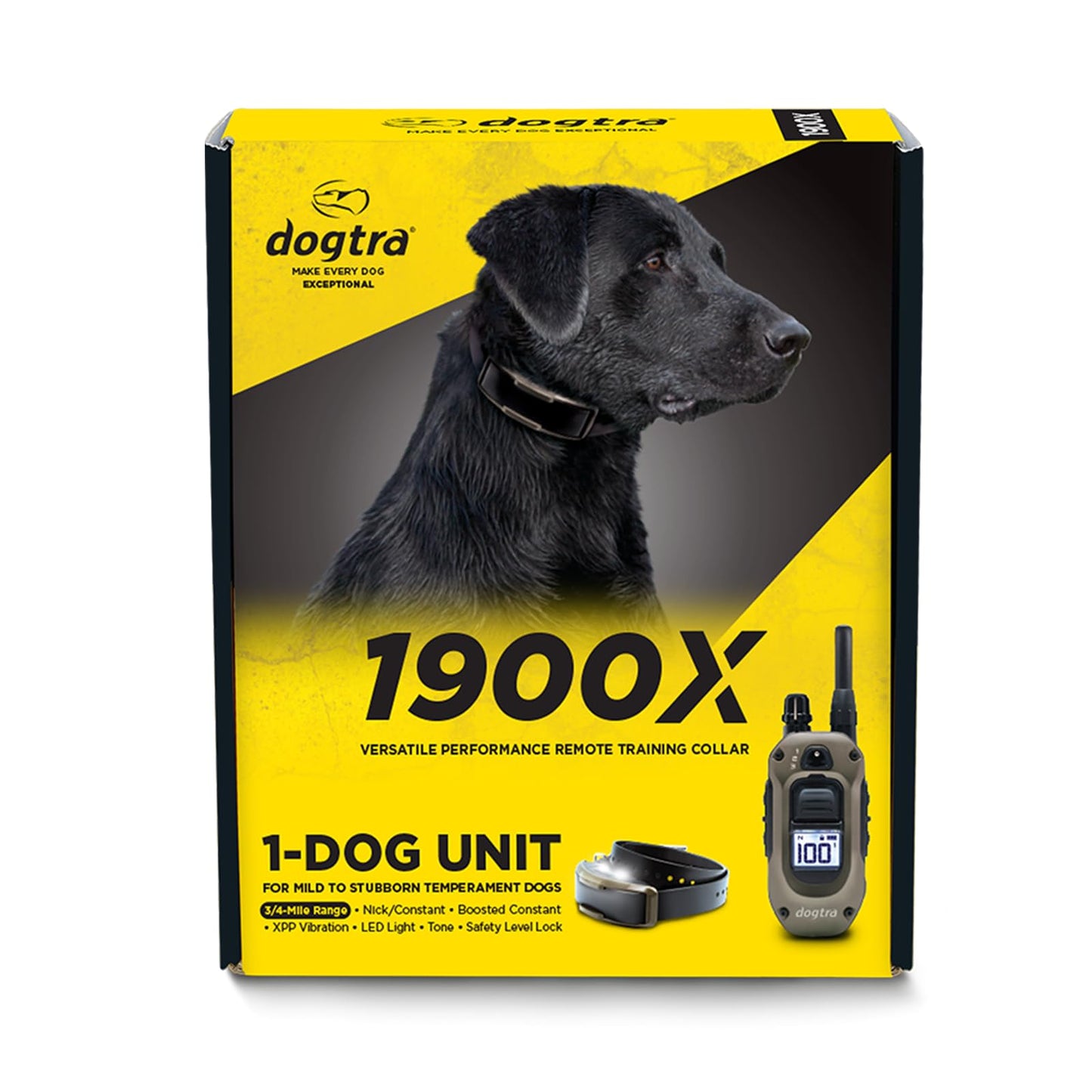 Dogtra 1900X E-Collar with Remote [New Edition] 35 lbs+, 3/4 Mile Range, LED Light, 100 Levels of Precise Control for Stubborn Dogs, Waterproof, Boost for Quick Recall, Vibration, Safety Lock & Tone