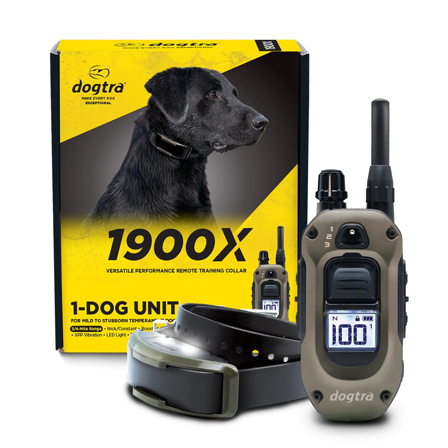 Dogtra 1900X E-Collar with Remote [New Edition] 35 lbs+, 3/4 Mile Range, LED Light, 100 Levels of Precise Control for Stubborn Dogs, Waterproof, Boost for Quick Recall, Vibration, Safety Lock & Tone